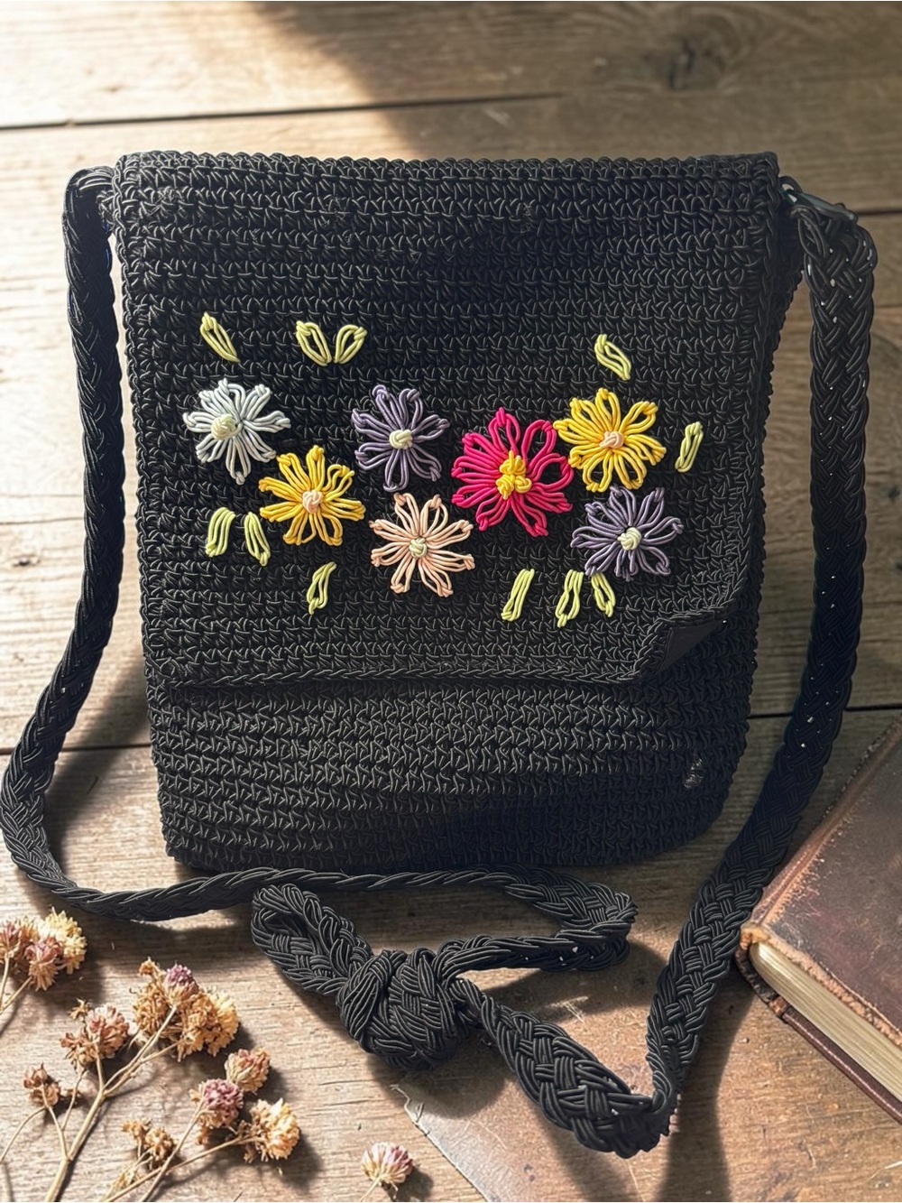 Vintage Kathie Lee Collection Black Woven Floral Embroidered Crossbody Bag Boho